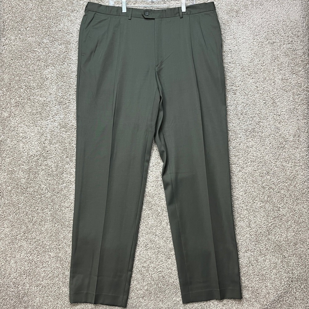 Pazoni Dress Pants Mens 42 Dark Sage Green Wool Pleated Straight Leg COMO 2 EUC